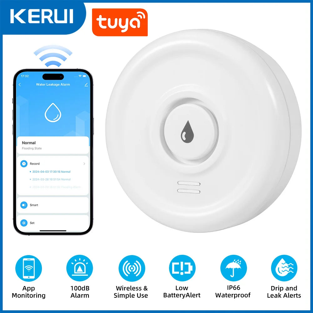 Detector de Fugas de Agua KERUI WiFi — Alarma 100dB con Tuya para Seguridad del Hogar