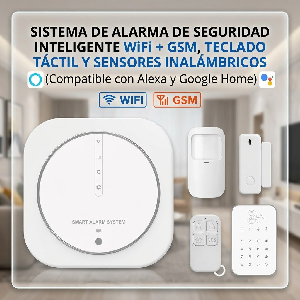 Sistema de Alarma de Seguridad Inteligente WiFi + GSM, Teclado Táctil y Sensores Inalámbricos (Compatible con Alexa y Google Home)
